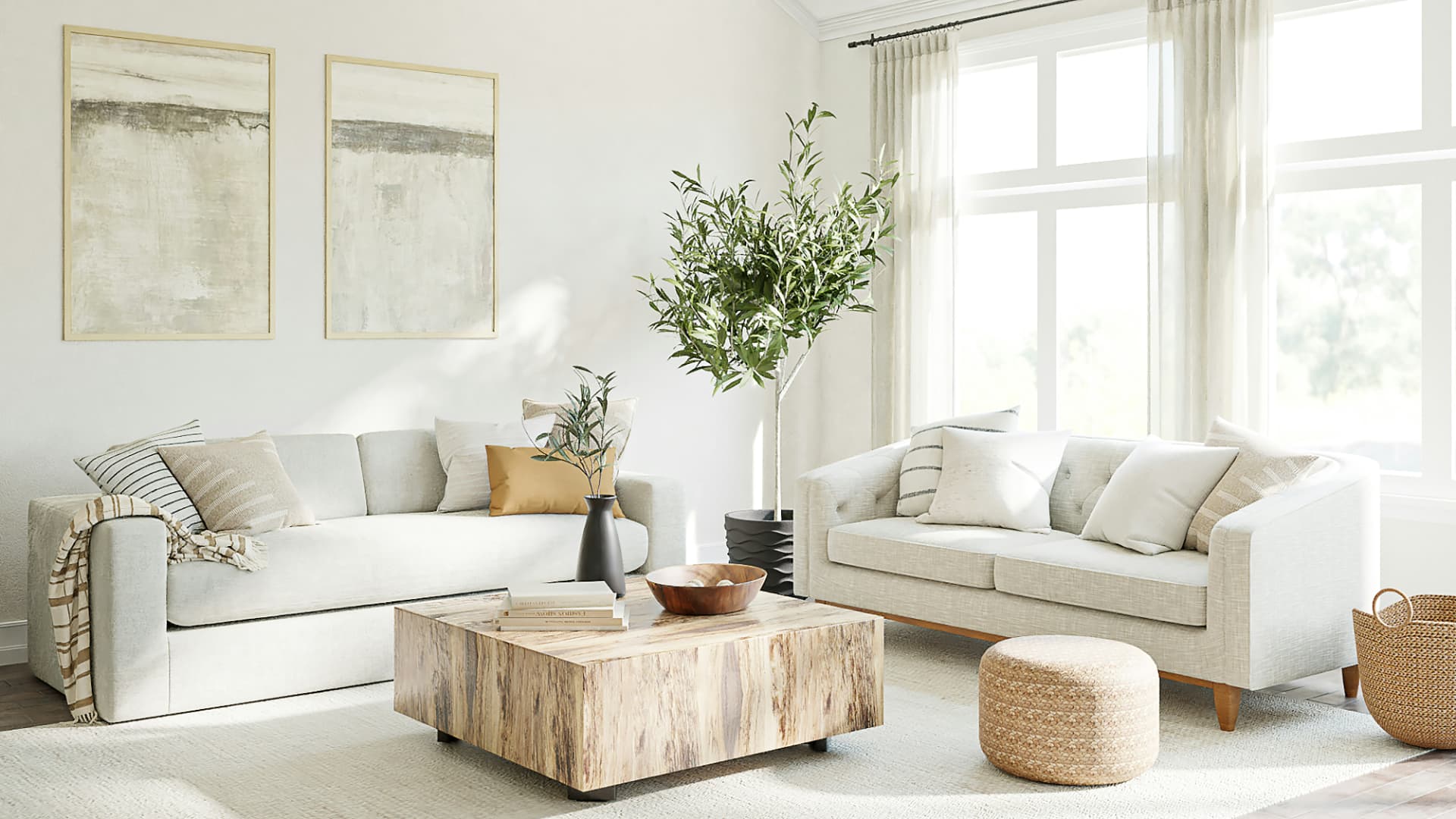 Bright, airy living room with soft ivory and sage tones, natural light, and gentle greenery