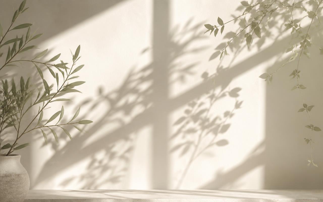 Soft botanical shadows in natural light across an ivory wall